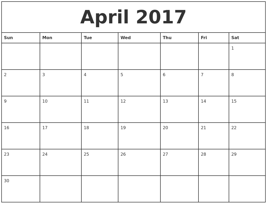 April 2017 Printable Monthly Calendar