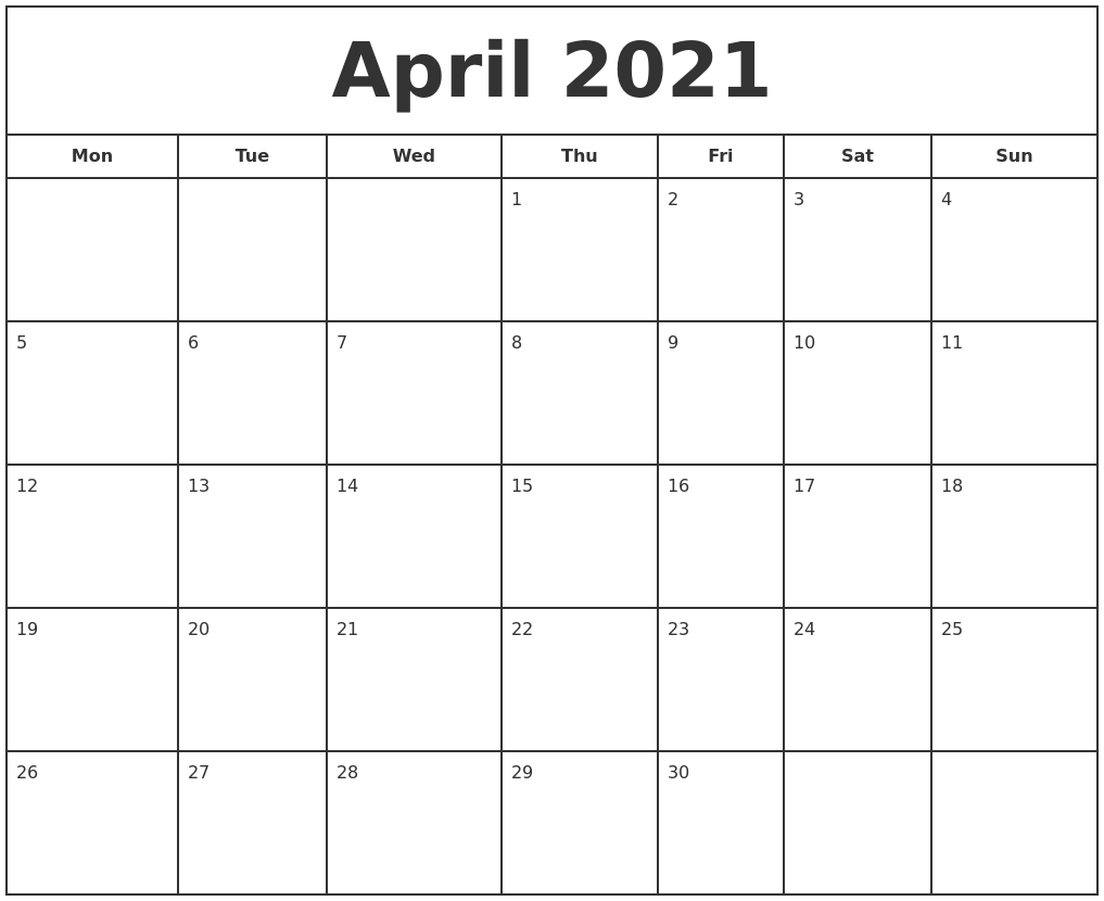 April 2021 Print Free Calendar