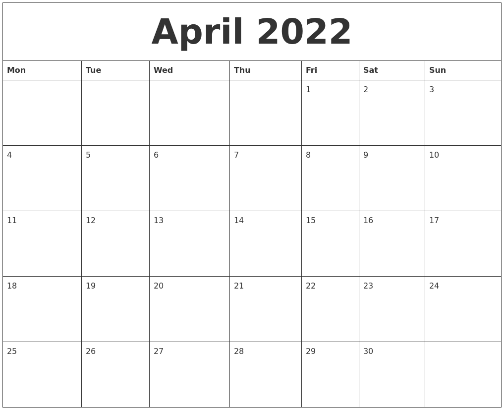 April 2022 Calendar Printable Free