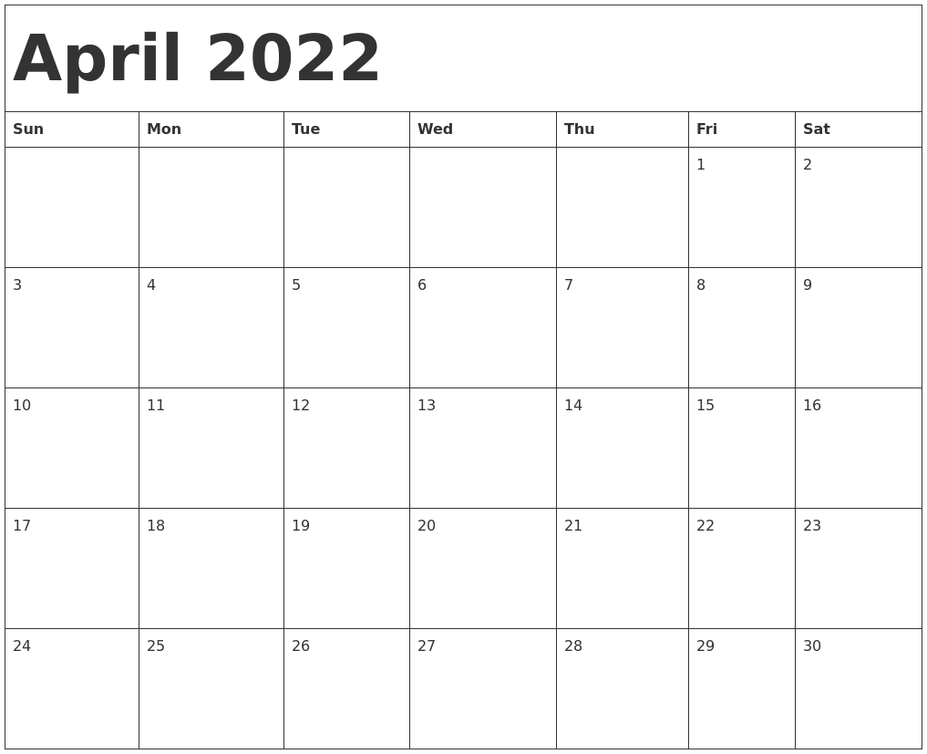 April 2022 Calendar Template