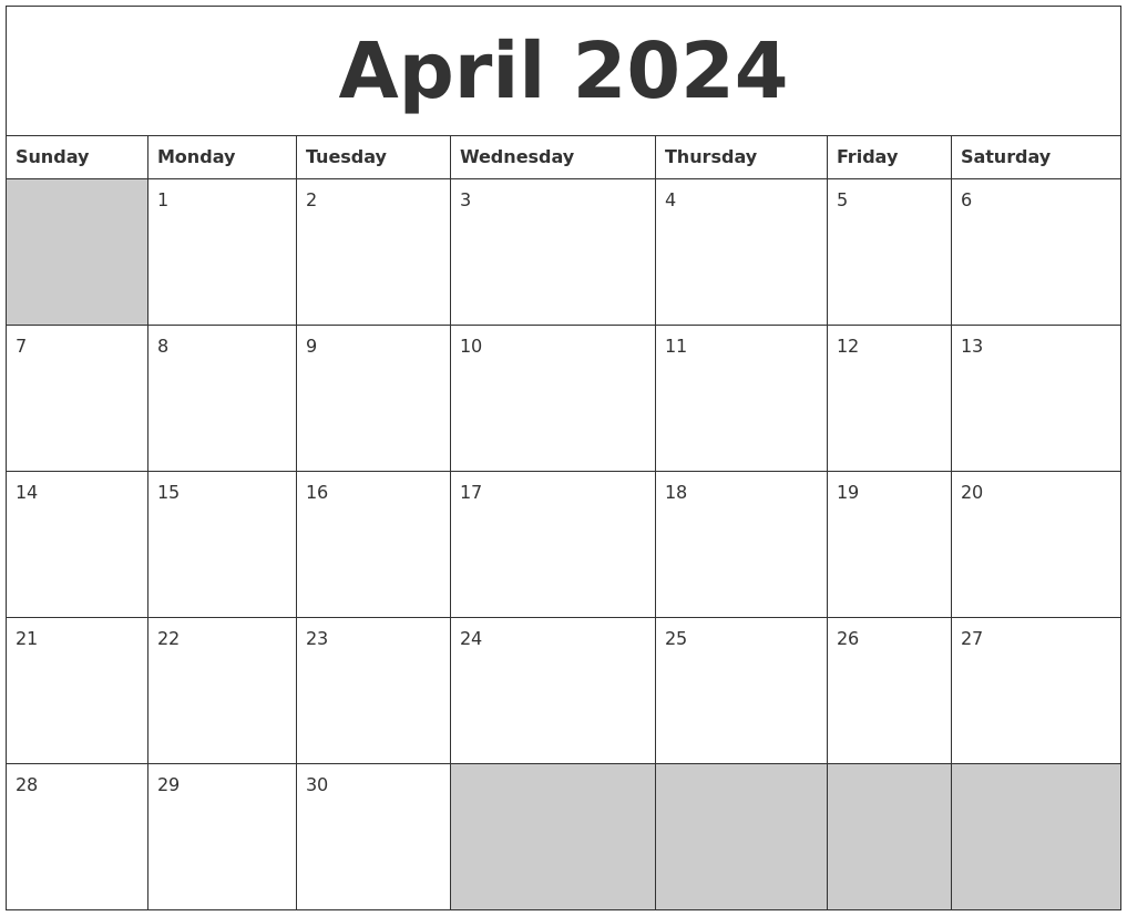 April 2024 Blank Printable Calendar