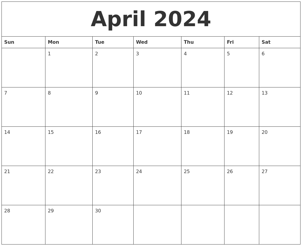 April 2024 Free Monthly Calendar Template