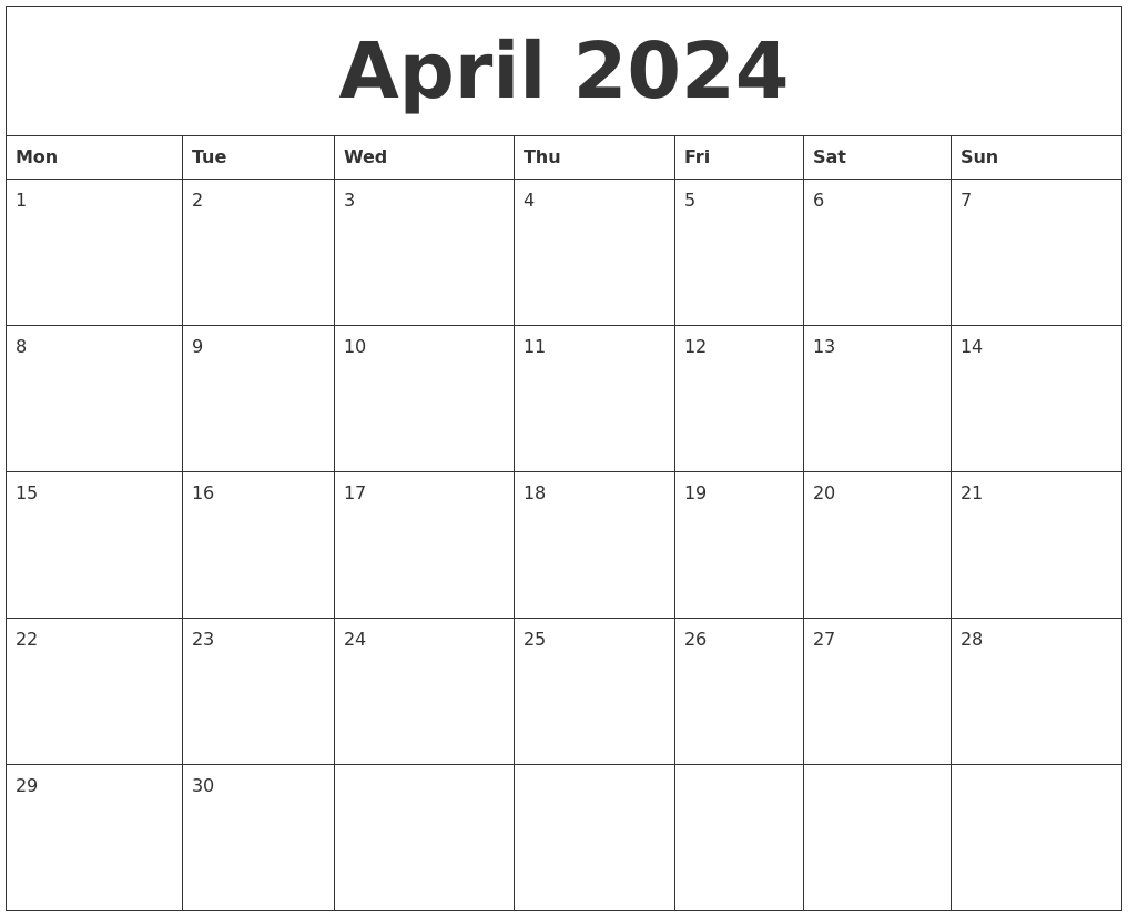 April 2024 Monthly Printable Calendar