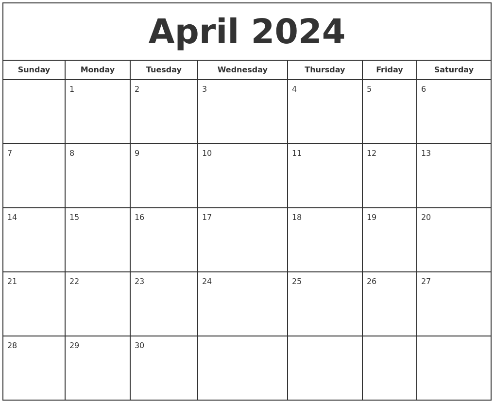 April 2024 Print Free Calendar