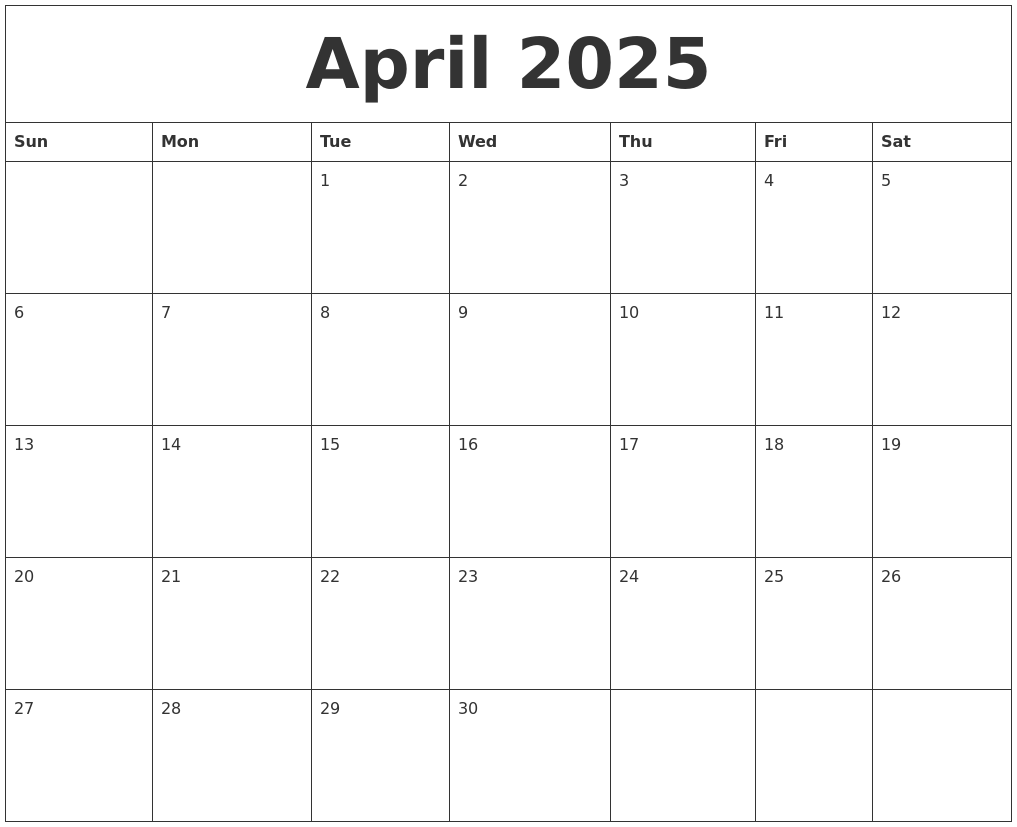 April 2025 Blank Monthly Calendar Pdf