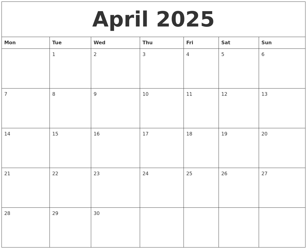 April 2025 Calendar Free Printable