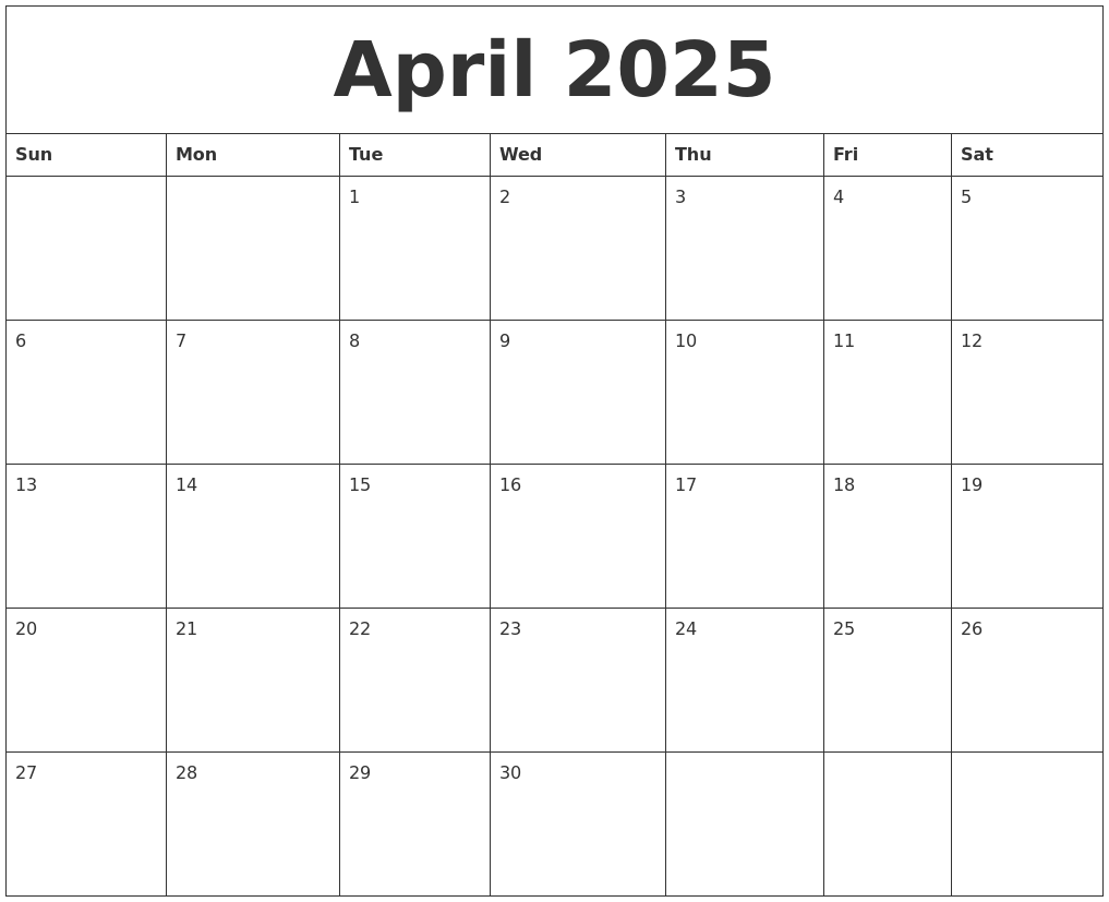 April 2025 Free Monthly Calendar Template