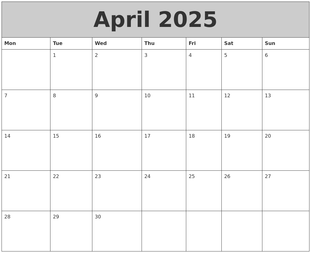 April 2025 My Calendar