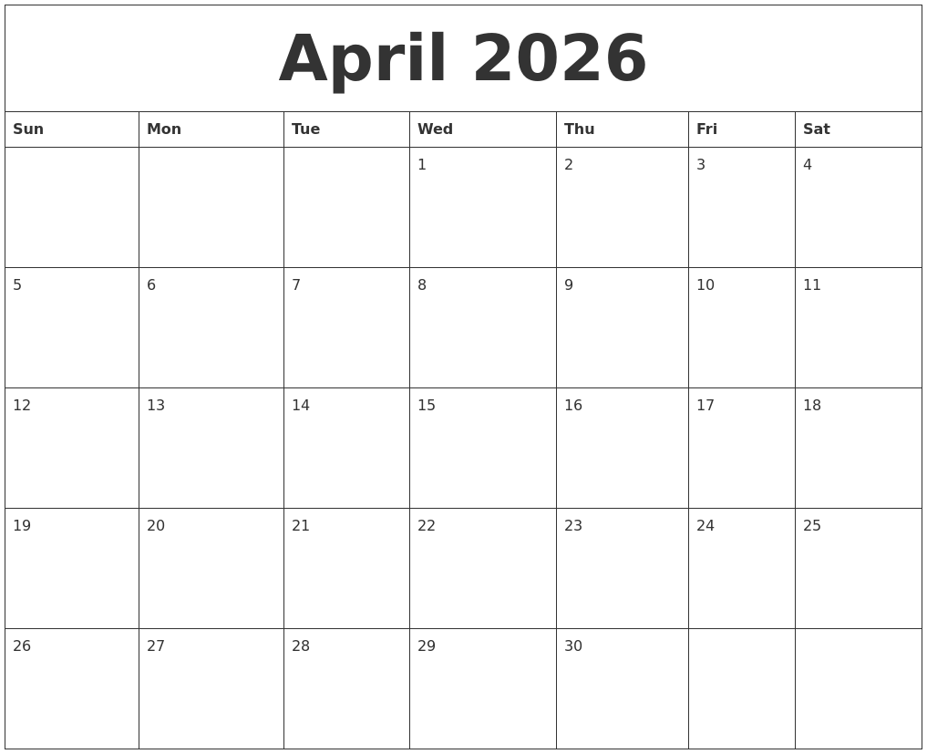 April 2026 Calendar For Printing