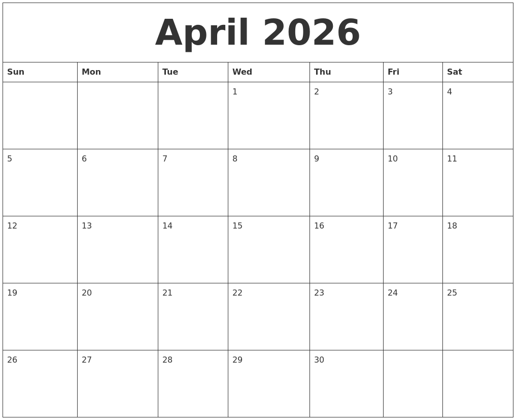 April 2026 Free Monthly Calendar Template