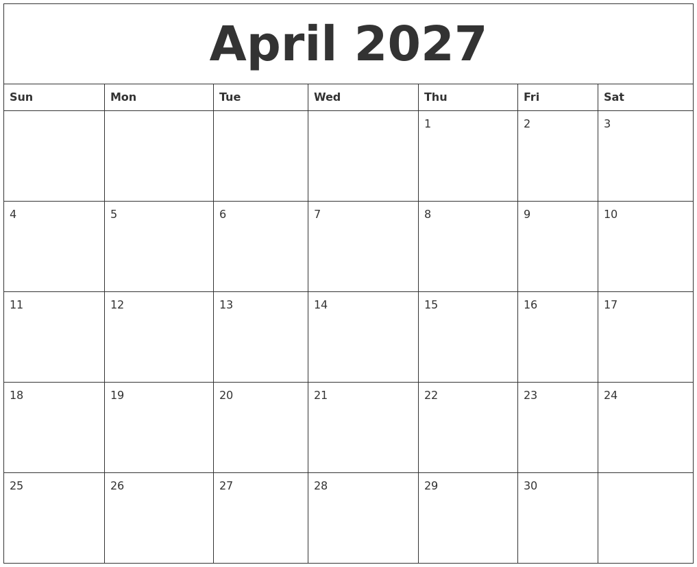 April 2027 Blank Calendar To Print