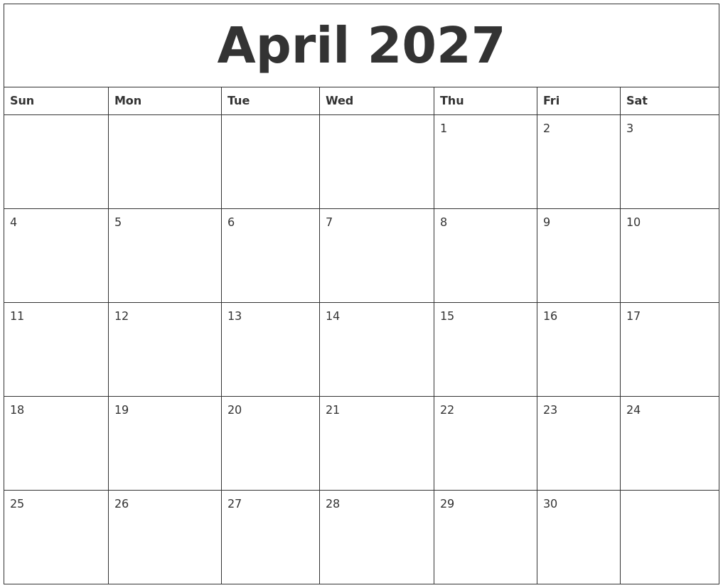 April 2027 Free Monthly Calendar Template