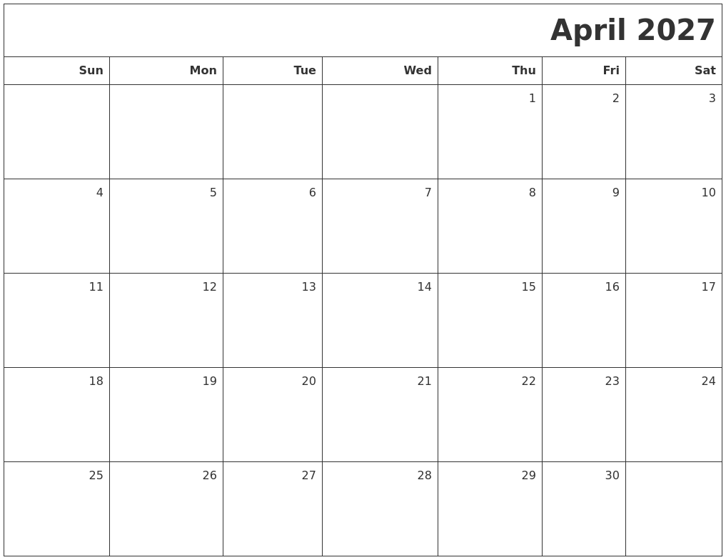 April 2027 Printable Blank Calendar