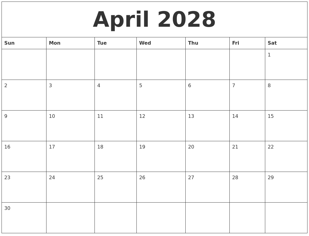April 2028 Blank Calendar Printable