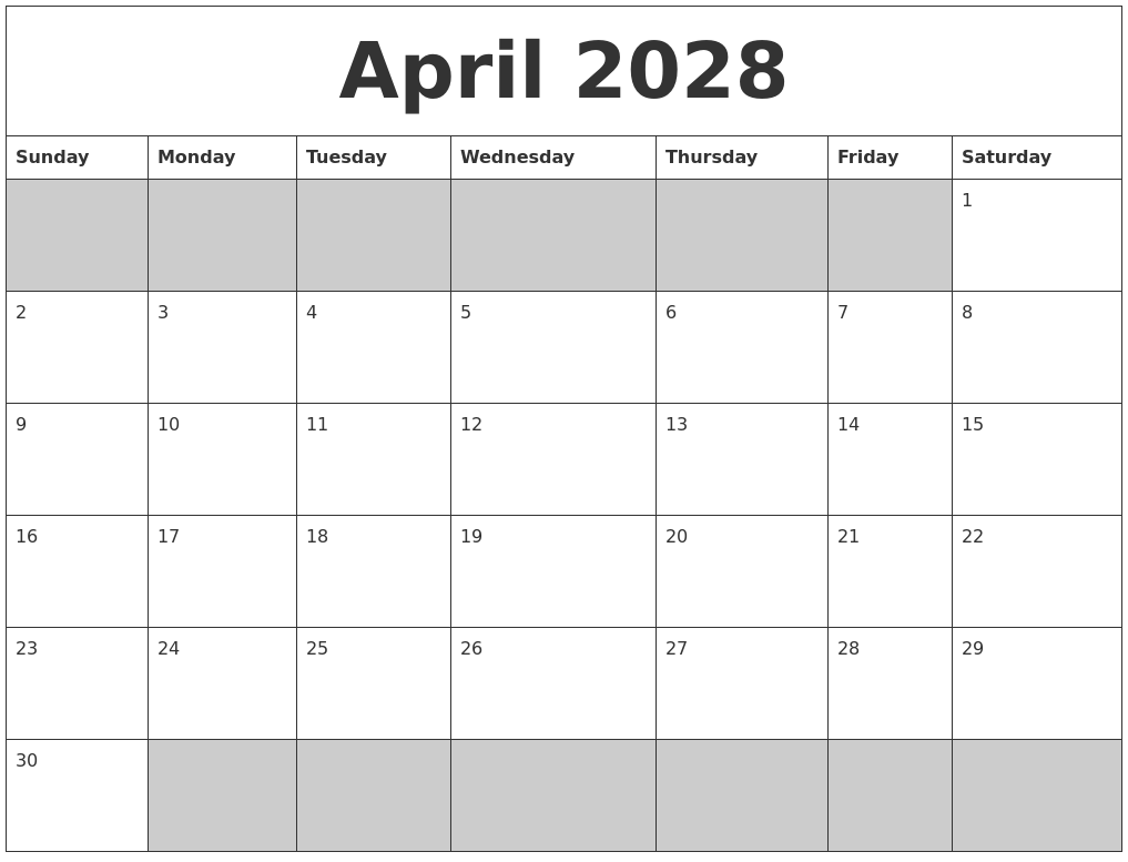 April 2028 Blank Printable Calendar