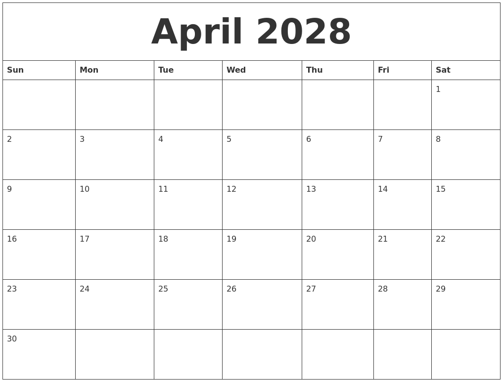 April 2028 Large Printable Calendar