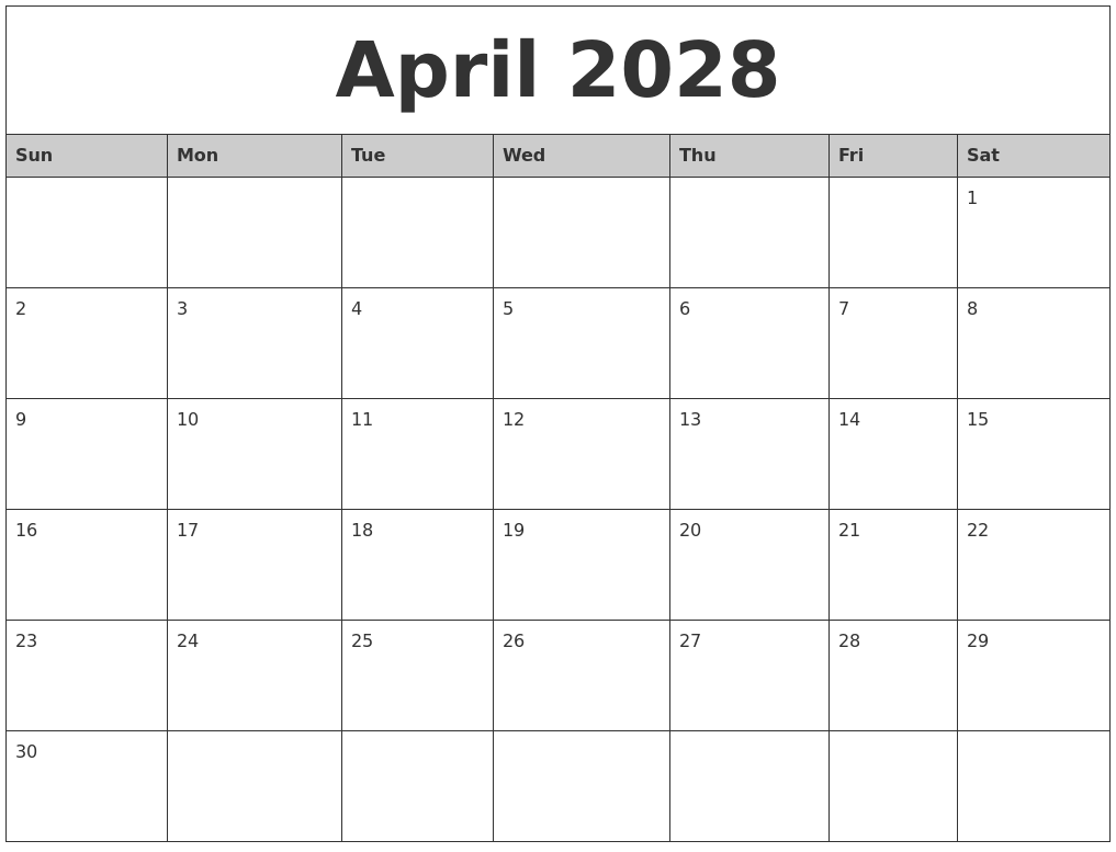 April 2028 Monthly Calendar Printable