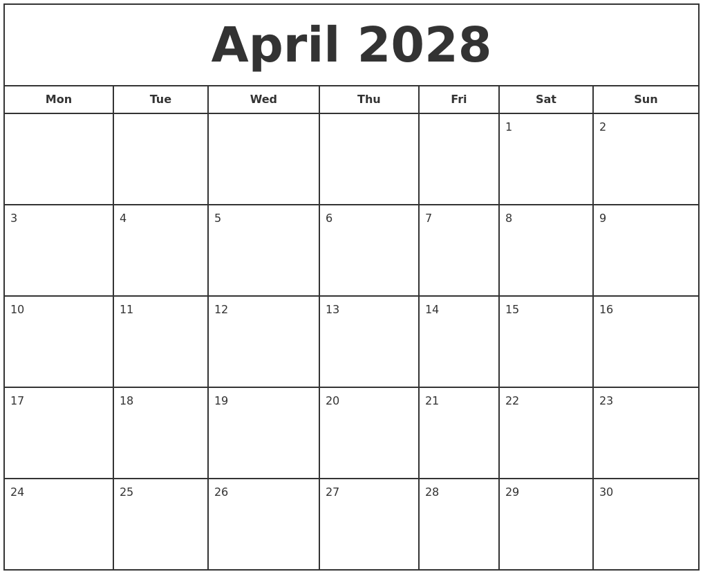 April 2028 Print Free Calendar