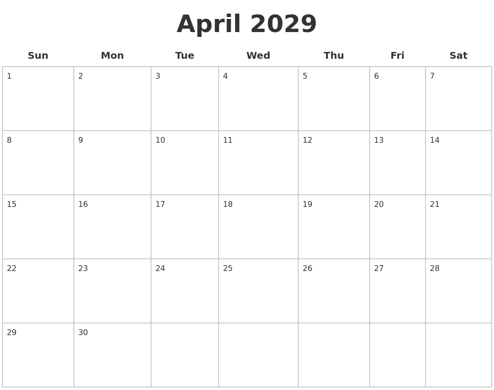 April 2029 Blank Calendar Pages