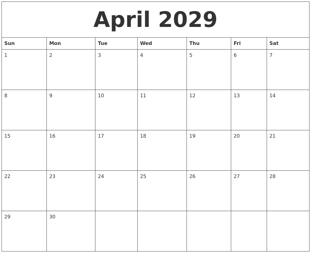 April 2029 Blank Calendar Printable