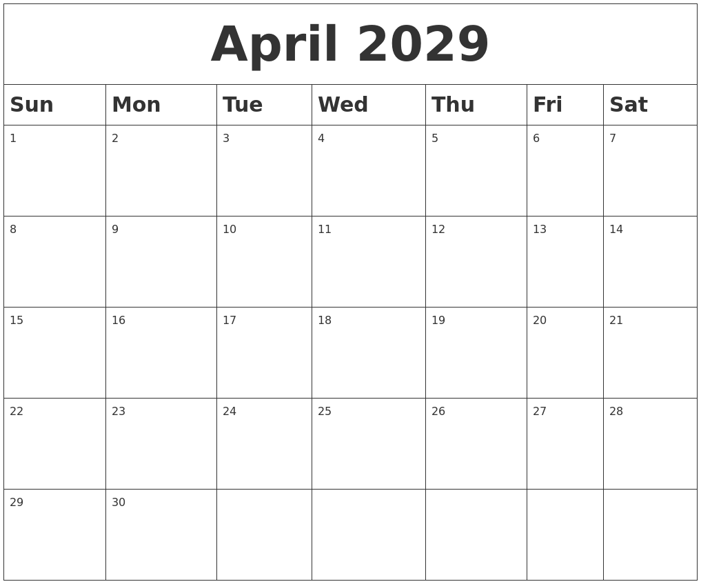 April 2029 Blank Calendar