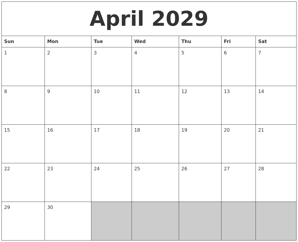 April 2029 Blank Printable Calendar