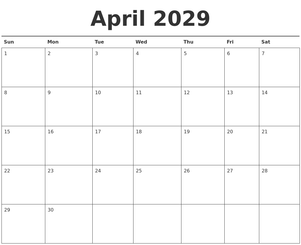 April 2029 Calendar Printable