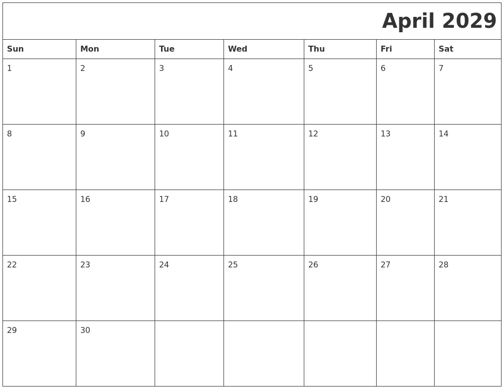 April 2029 Download Calendar