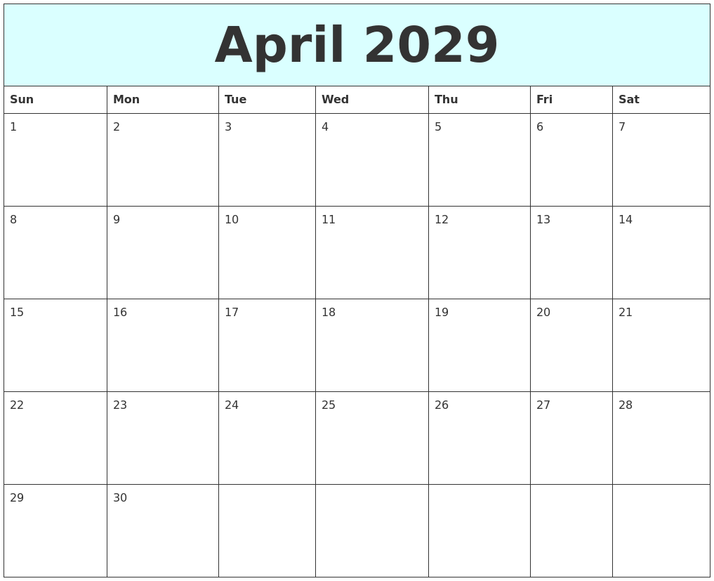 April 2029 Free Calendar