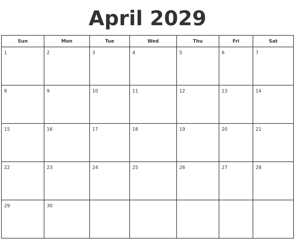 April 2029 Print A Calendar