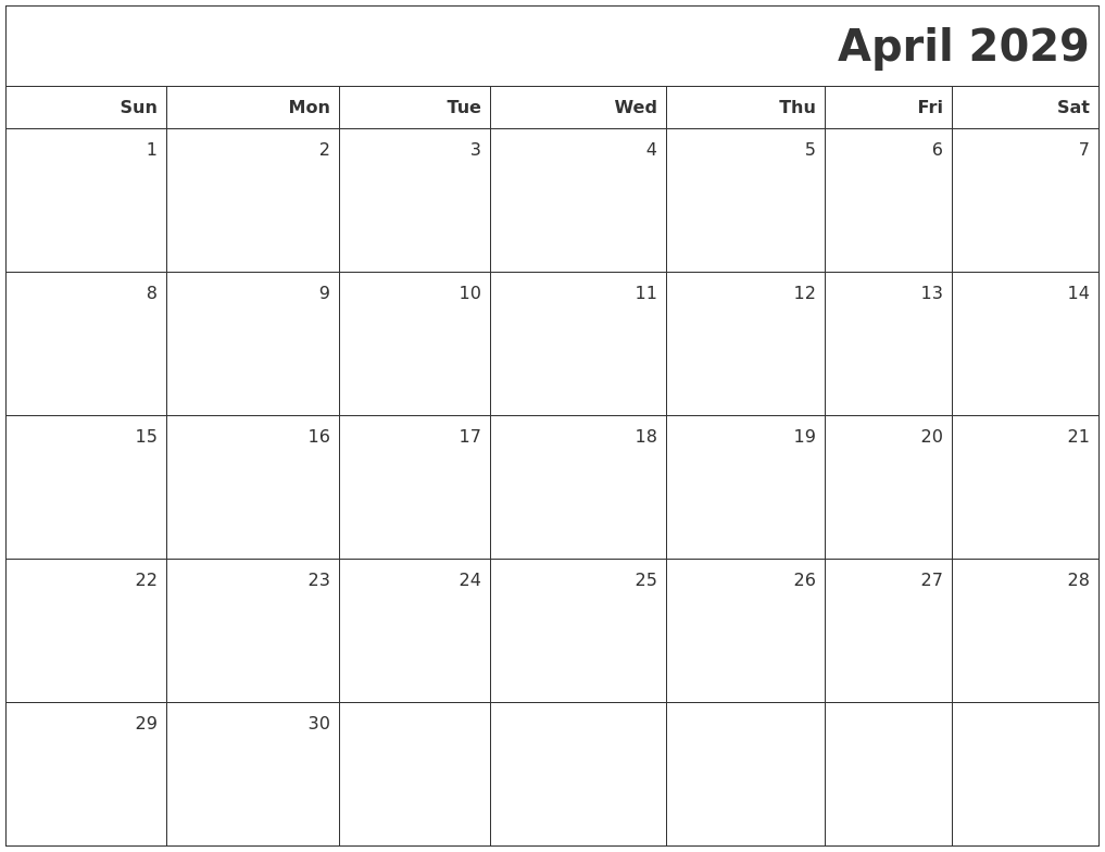 April 2029 Printable Blank Calendar