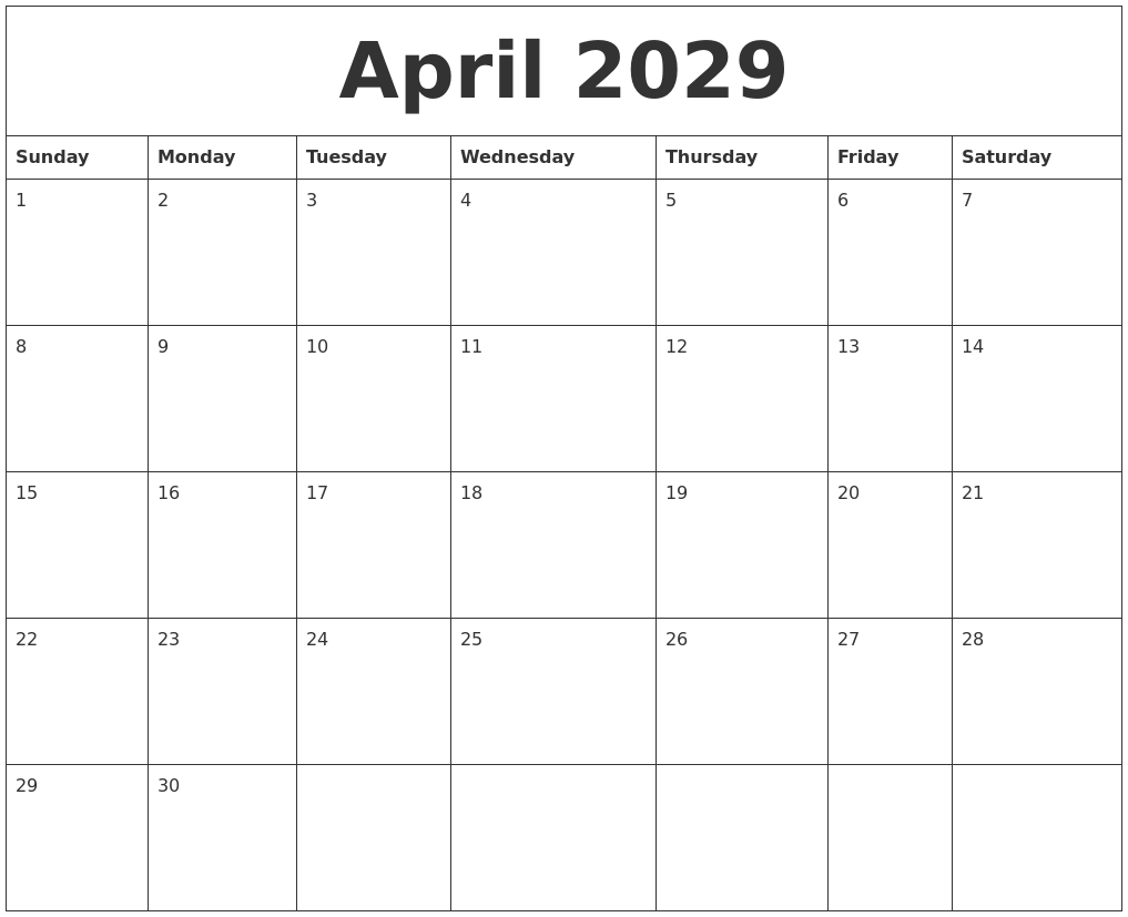 April 2029 Printable December Calendar