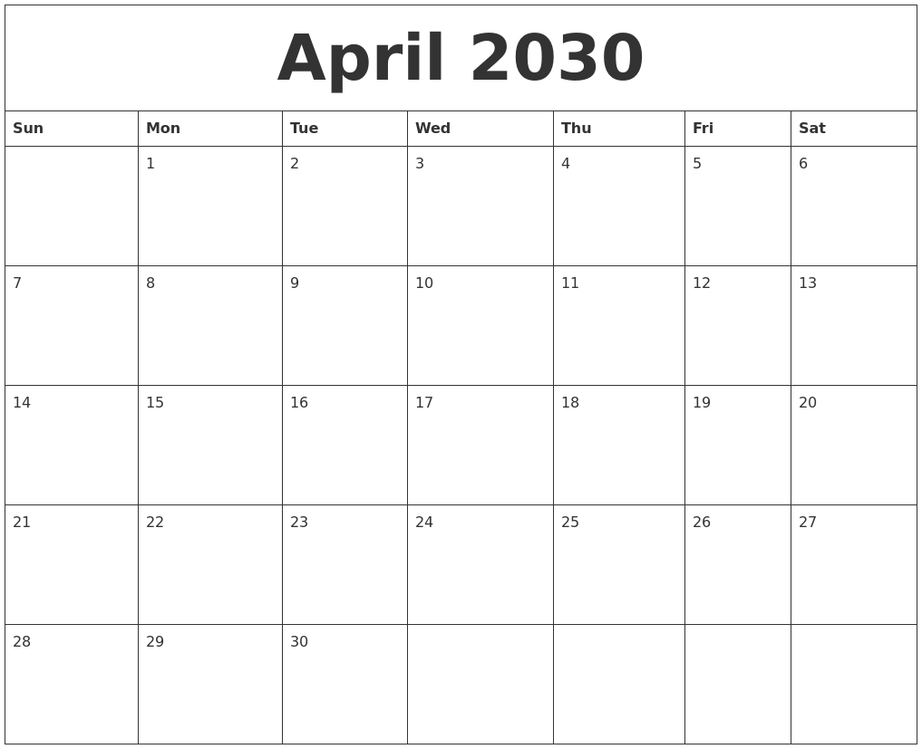 April 2030 Birthday Calendar Template