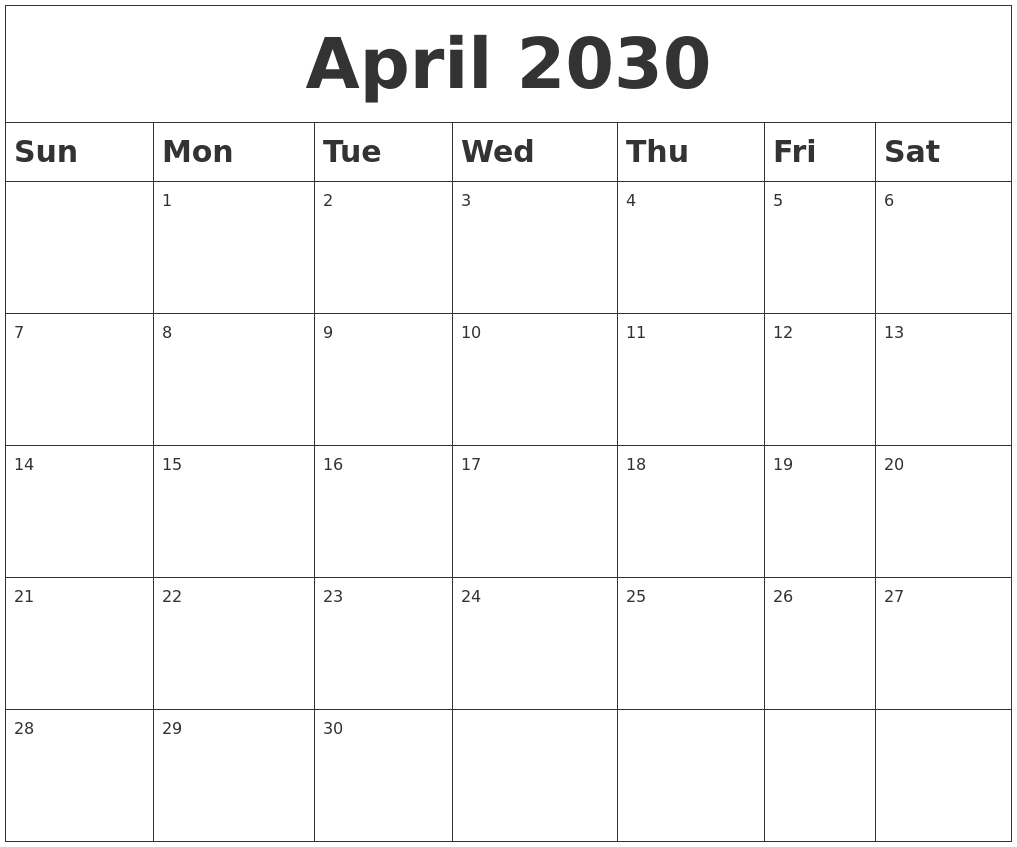 April 2030 Blank Calendar