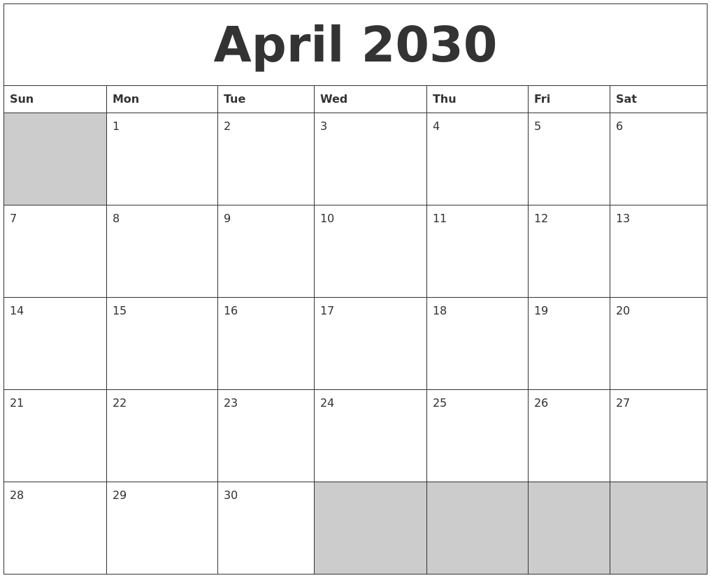 April 2030 Blank Printable Calendar