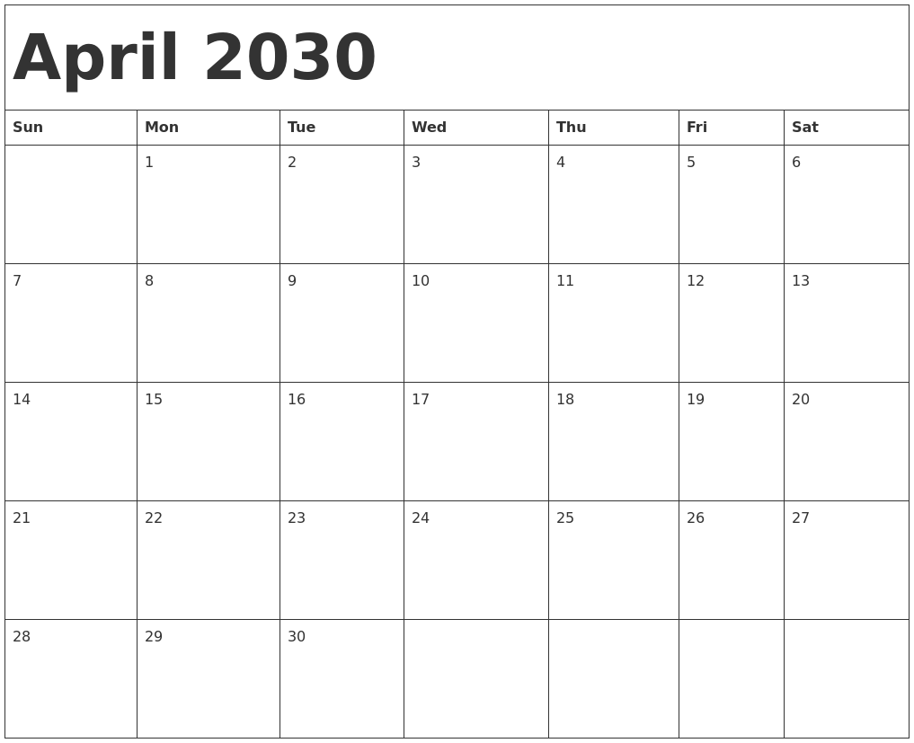 April 2030 Calendar Template