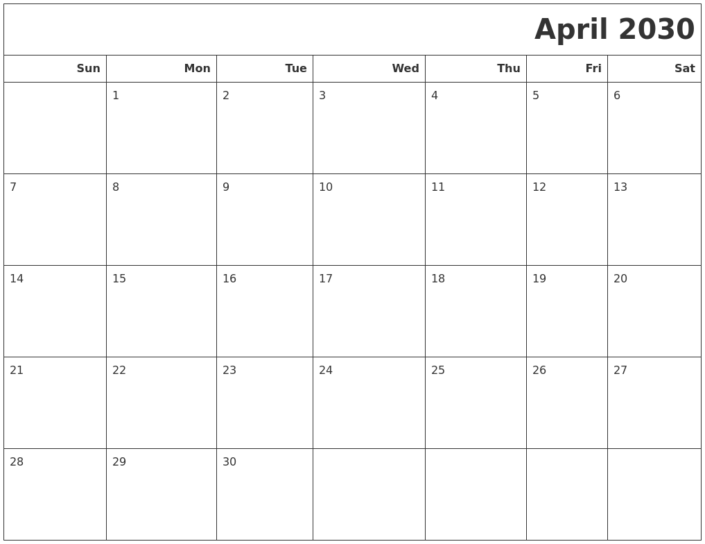 April 2030 Calendars To Print