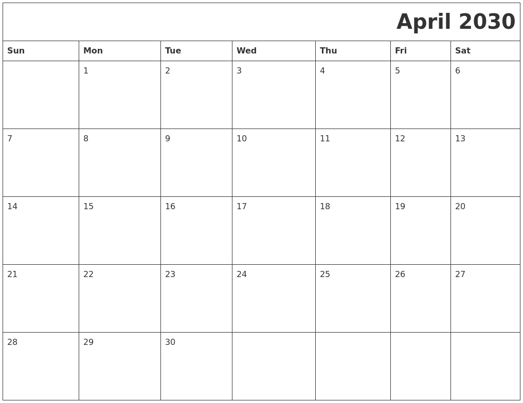 April 2030 Download Calendar