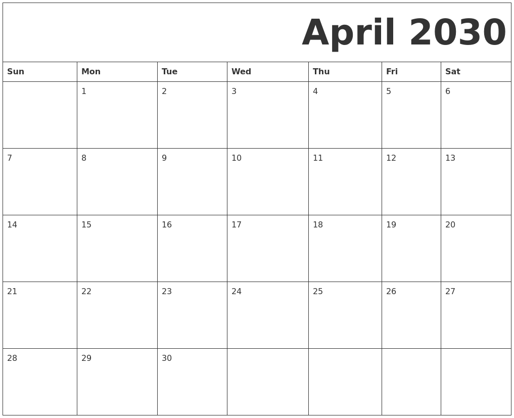 April 2030 Free Printable Calendar