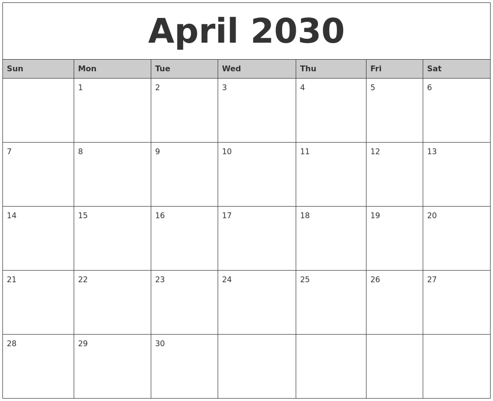 April 2030 Monthly Calendar Printable