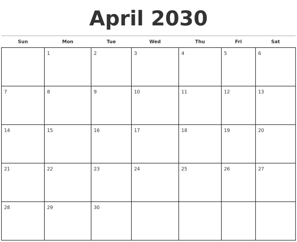 April 2030 Monthly Calendar Template