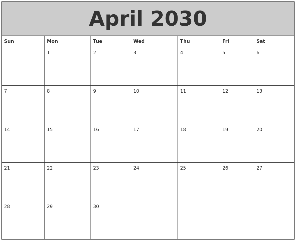 April 2030 My Calendar