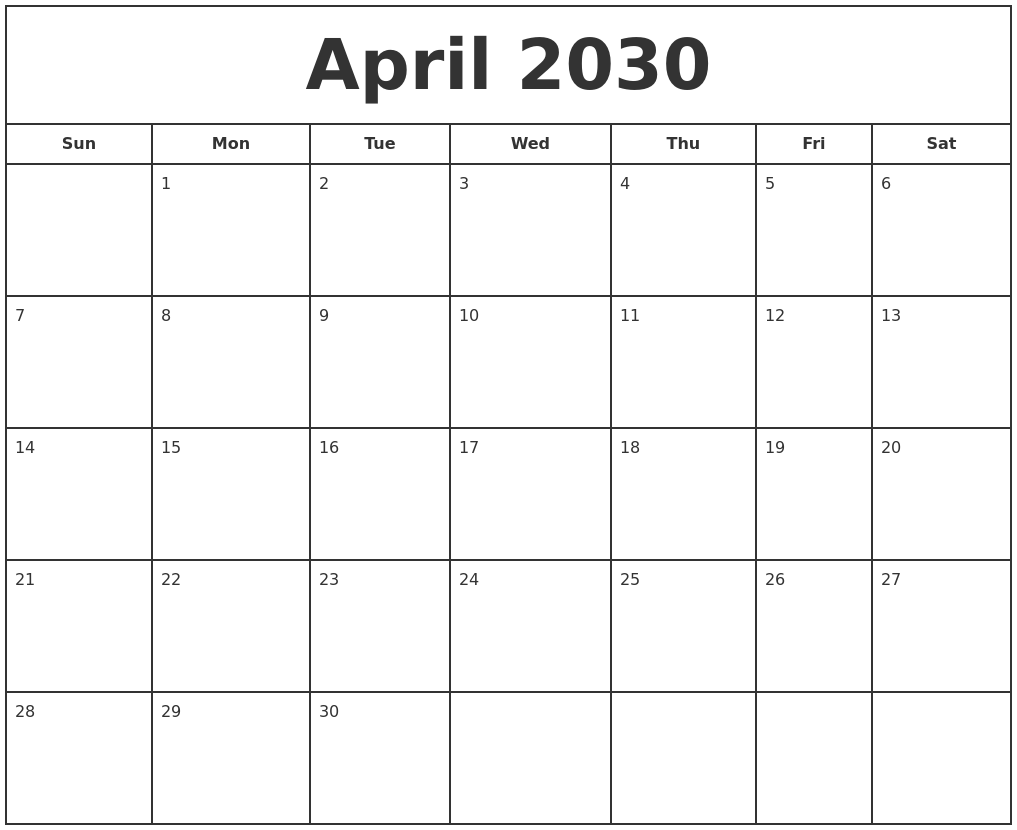 April 2030 Print Free Calendar