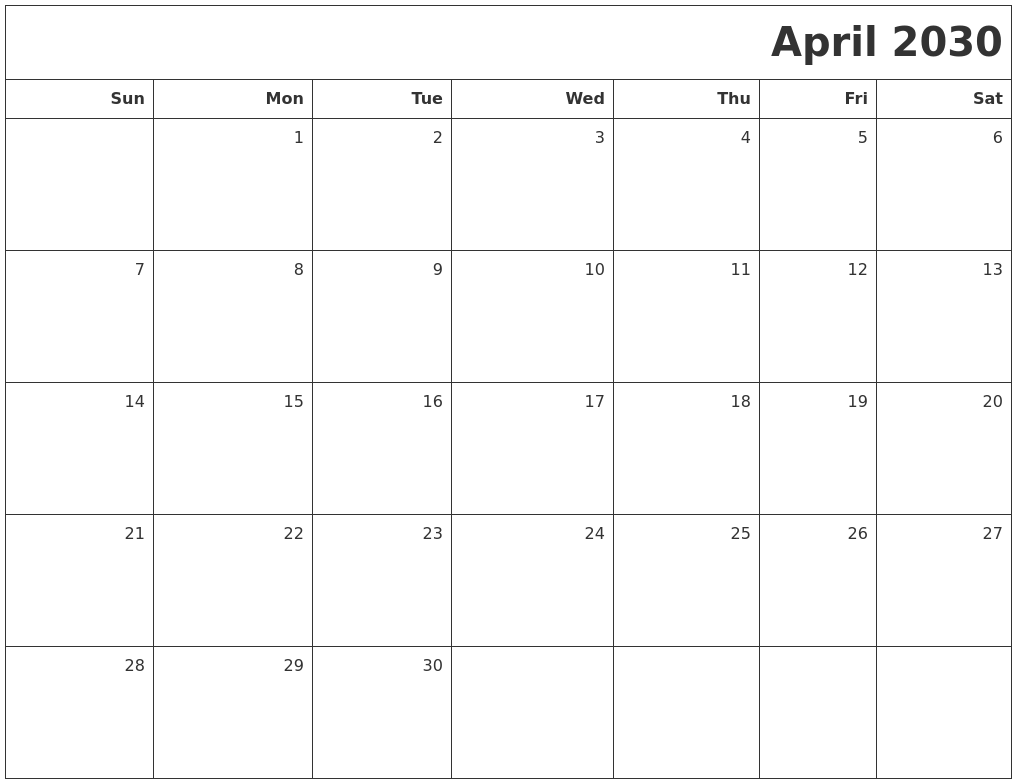April 2030 Printable Blank Calendar
