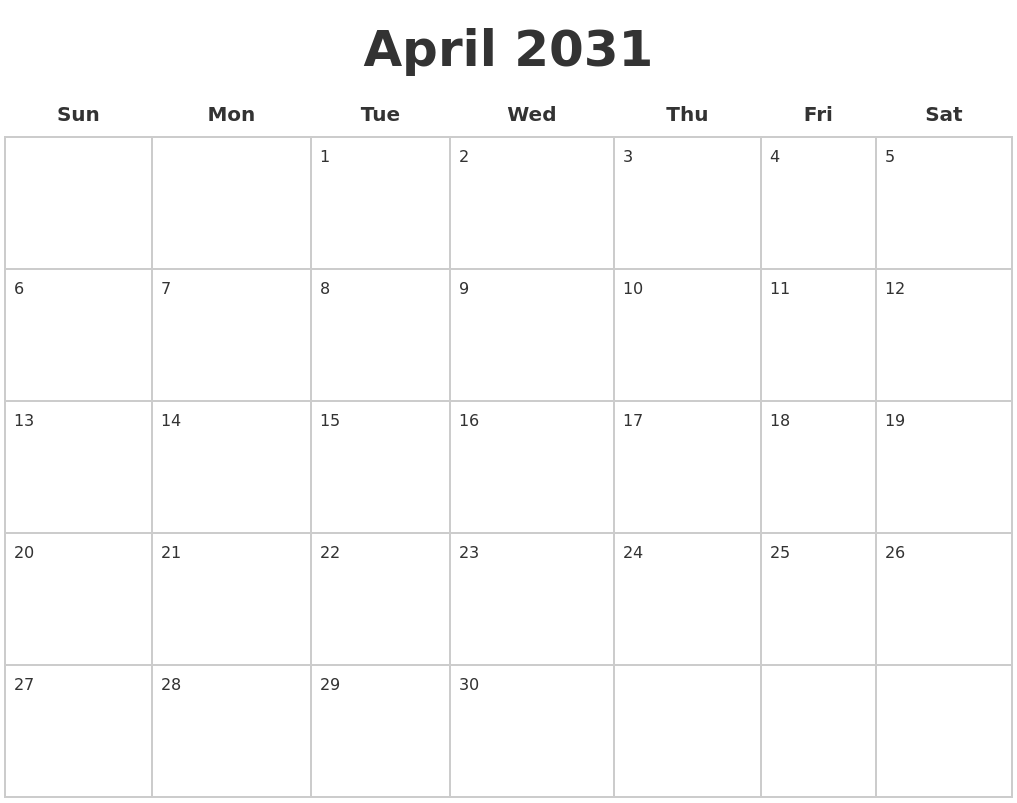 April 2031 Blank Calendar Pages