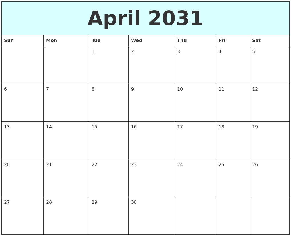 April 2031 Free Calendar