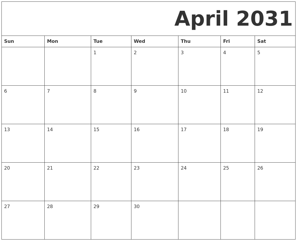 April 2031 Free Printable Calendar