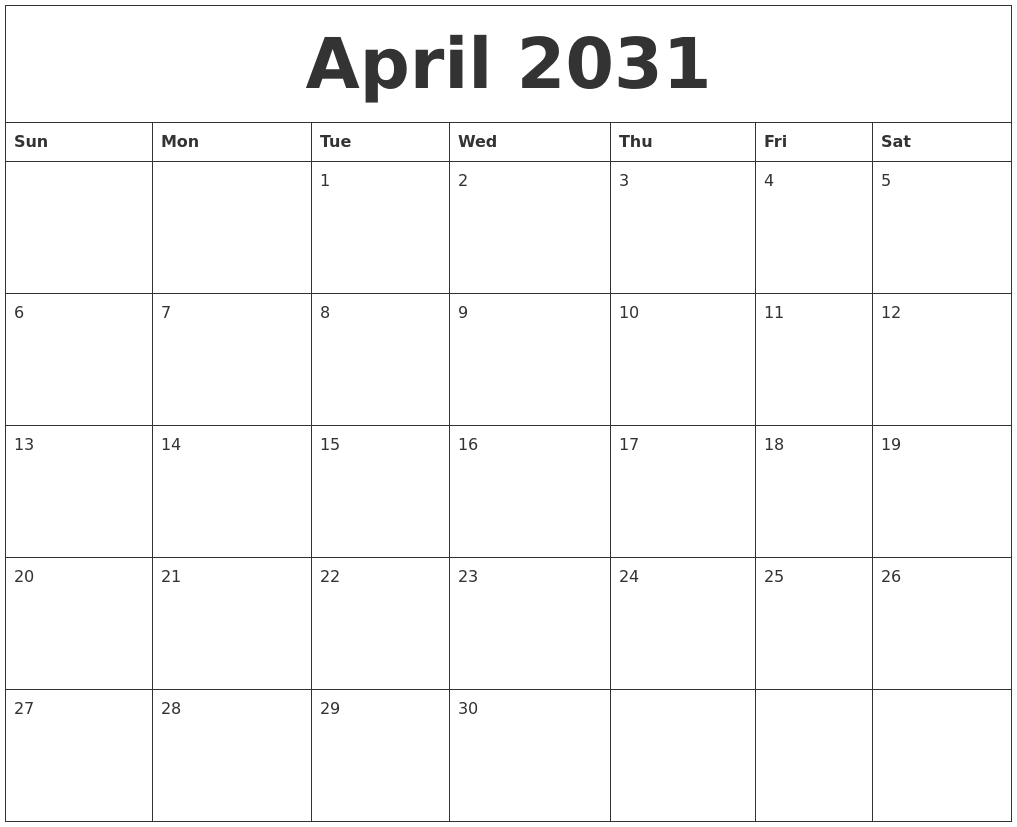 April 2031 Free Printable Weekly Calendar