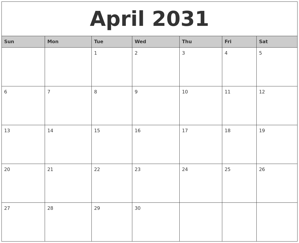 April 2031 Monthly Calendar Printable