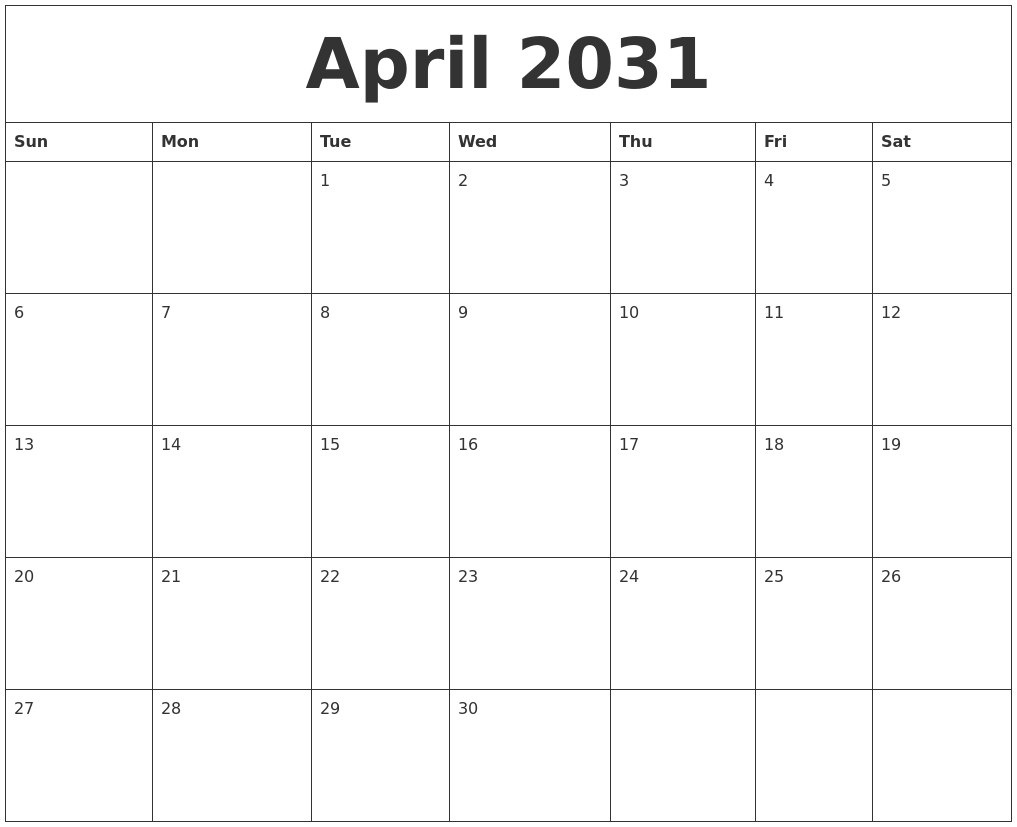 April 2031 Monthly Calendar To Print